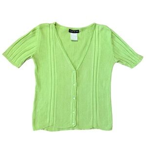 Esprit De Corp Y2K Lime Green Ribbed V-Neck Button Top Size 8